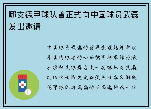 哪支德甲球队曾正式向中国球员武磊发出邀请