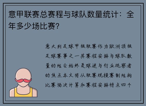 意甲联赛总赛程与球队数量统计：全年多少场比赛？